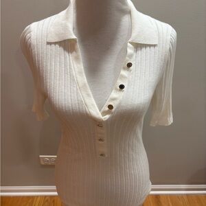 White House Black Market Ivory  Ribbed Polo-Style Short Sleeve Sweater, Sz L
